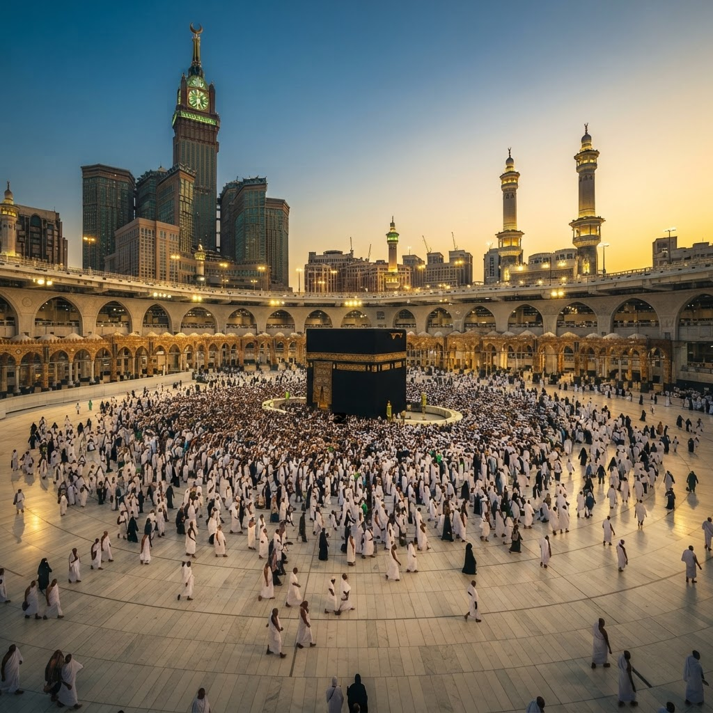 Pilgrims performing Tawaf around the Kaaba in Makkah